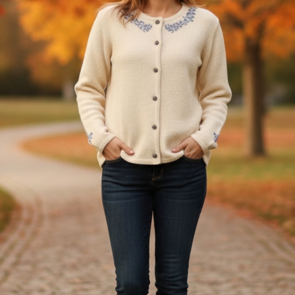 Vintage Karen Scott Woll Sweater Cardigan Embroidered Wool - Picture 1 of 10